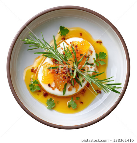 Elegant Citrus Gelee Layered Over Mascarpone Cream Garnished with Candied Tangerine Zest and Rosemary Sprig Elegant Citrus Gelee Layered Over Mascarpone Cream Garnished with Candied Tangerine Zest and Rosemary Sprig 128361410