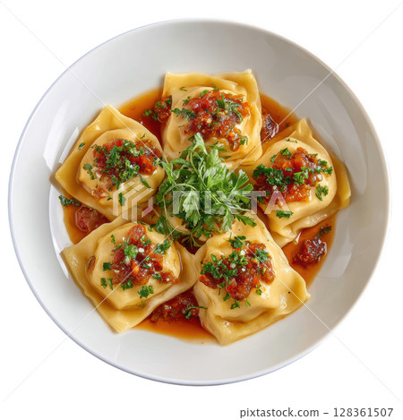 Traditional Agnolotti Dal Plin Pasta Parcels Filled with Roasted Meats in a Delicate Sauce 128361507