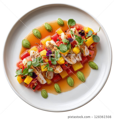 Thinly Sliced Clams with Lime, Chili, Watermelon, Avocado Puree, and Edible Petals in a Modern Presentation 128361508