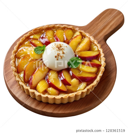 Roasted Nectarine Tart with Vanilla Glaze and Creamy Quenelle on Crisp Pastry Base 128361519