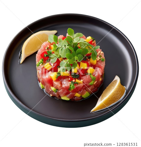 Fresh Yellowfin Tuna Tartare with Avocado, Nori Crisps, and Wasabi Cream on a Elegant Plate 128361531