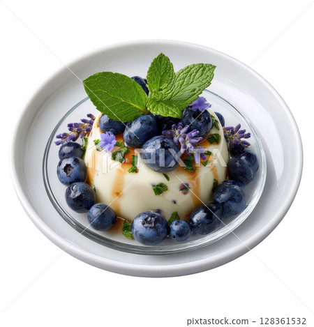 Floral Lavender Dessert with Blueberry Gel and Mint Leaf Garnish for Elegant Presentation Floral Lavender Dessert with Blueberry Gel and Mint Leaf Garnish for Elegant Presentation 128361532