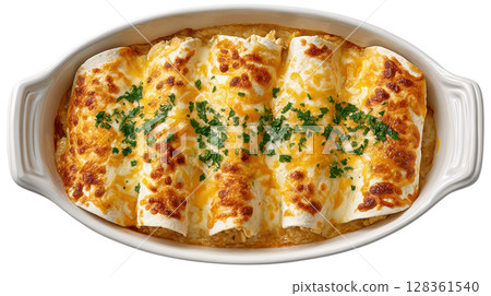 Savory Chicken Enchiladas Overflowing with Cheesy Goodness and Fresh Herbs in a White Baking Dish 128361540