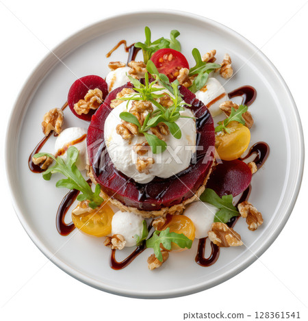 Beetroot Tartare with Goat Cheese Cream and Candied Walnuts on White Plate 128361541