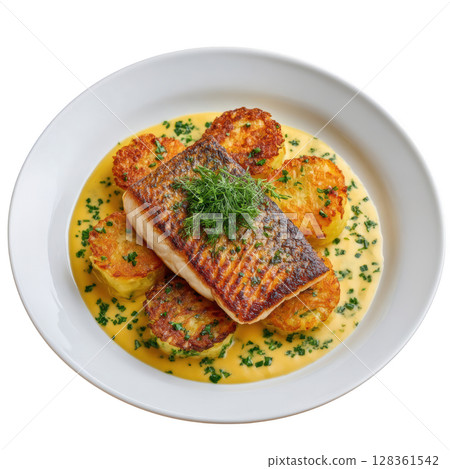Crispy Skinned Grilled Sea Bass Fillet Served With Lemon Dill Sauce and Potato Rosti Garnished With Micro Dill 128361542