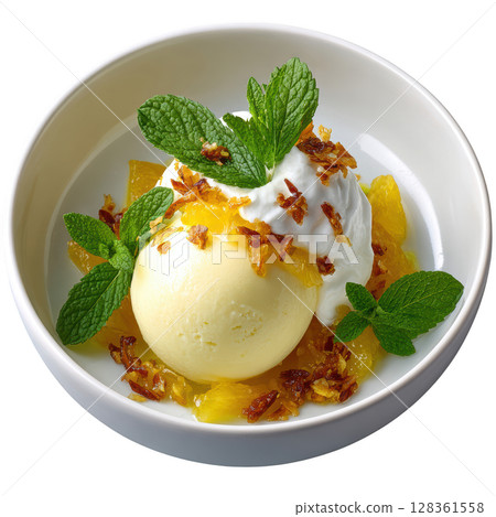 Refreshing Yuzu Sorbet Scoop with Candied Peel and Mint Garnish in Elegant Bowl 128361558