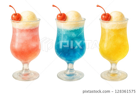 三種夏日繽紛奶油蘇打水的水彩插畫|清涼可愛的冰飲套裝 三種夏日繽紛奶油蘇打水的水彩插畫|清涼可愛的冰飲套裝 128361575