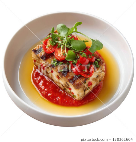 Charred Eggplant Terrine Layered with Roasted Red Peppers and Herbed Ricotta on Tomato Coulis with Smoked Olive Oil Drizzle 128361604