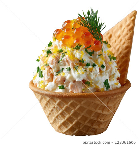 Smoked Trout Mousse Piped into Cone with Trout Roe, Dill Fronds, and Lemon Zest on Crisp Rye Cracker 128361606