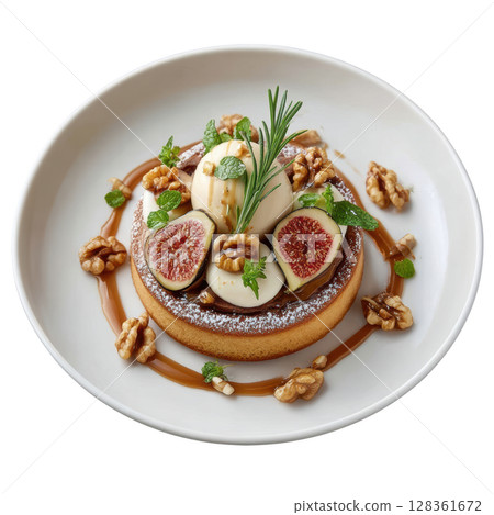 Nutty Financier Cake with Walnut Praline Cream and Fresh Figs Garnished with Rosemary and Powdered Sugar Nutty Financier Cake with Walnut Praline Cream and Fresh Figs Garnished with Rosemary and Powdered Sugar 128361672