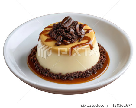 Silky Coffee Cream Dessert with Chocolate Crumbs and Caramel Drizzle in a Round Mold 128361674