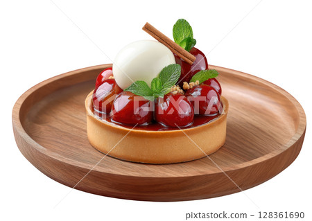 Roasted Plum Tart with Cinnamon Glaze on Crisp Pastry and Vanilla Cream Quenelle, Garnished with Cinnamon Stick 128361690