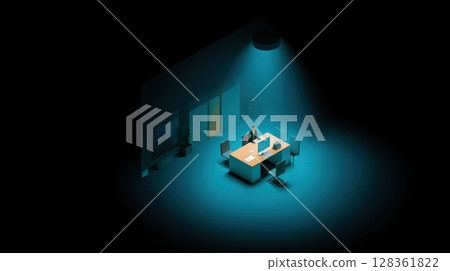 Layoff employee and unemployment concept, Dimly lit office with a desk and computer under a spotlight. 128361822