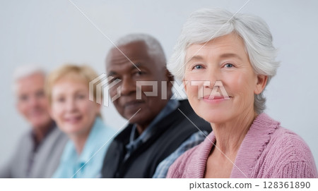 Social security benefits concept, Group of diverse seniors smiling and engaging in conversation. 128361890