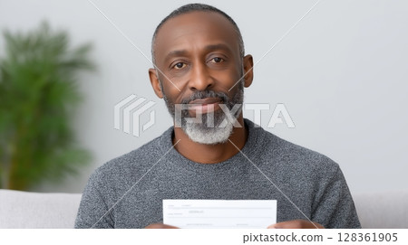 Social security benefits concept, A mature man holds documents with a thoughtful expression indoors. 128361905