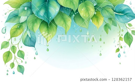 A refreshing decorative frame of dewdrop leaves | Perfect for invitations and postcards 128362157