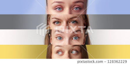 Close-up view of diverse eyes showcasing different eye colors and expressions against a gradient background in an artistic arrangement Close-up view of diverse eyes showcasing different eye colors and expressions against a gradient background in an artistic arrangement 128362229