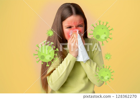 Girl with a tissue signs of illness and symptoms with virus illustrations in the background Girl with a tissue signs of illness and symptoms with virus illustrations in the background 128362270