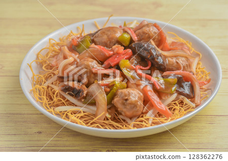 Meatball and vegetable udon noodles 128362276