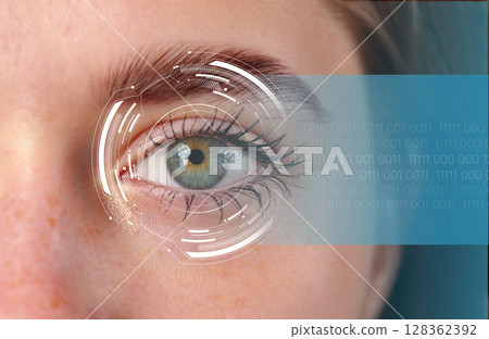 Visual representation of digital eye technology showcasing data patterns and a human eye with cyber elements for modern innovation Visual representation of digital eye technology showcasing data patterns and a human eye with cyber elements for modern innovation 128362392