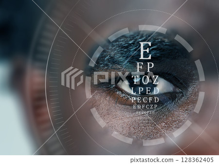 Close-up of an eye with visual acuity assessment displayed, taken at an eye clinic during daylight hours in a modern setting Close-up of an eye with visual acuity assessment displayed, taken at an eye clinic during daylight hours in a modern setting 128362405
