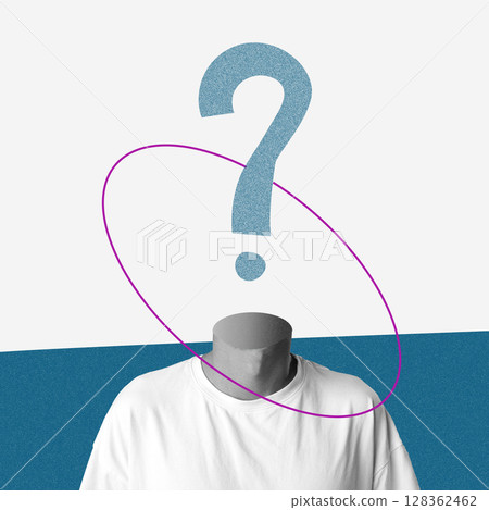 Imaginary figure in a creative design with a question mark and abstract shapes on a colorful background 128362462