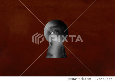 Mystical view through a keyhole revealing a woman's eye and emotion on a textured background Mystical view through a keyhole revealing a woman's eye and emotion on a textured background 128362556