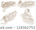 Set duck swim bird monochrome illustration engraving style 128362753