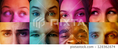 Diverse faces displaying a range of emotions and expressions in vibrant colors and lighting Diverse faces displaying a range of emotions and expressions in vibrant colors and lighting 128362874