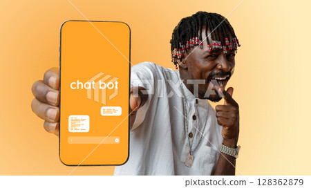 Engaging man promotes chatbot service with smartphone against a bright background 128362879