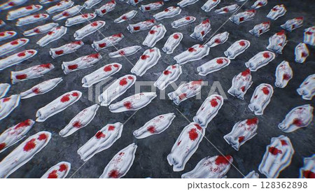 Anti war concept. Corpses covered with sheets. Military base. 3d rendering. Anti war concept. Corpses covered with sheets. Military base. 3d rendering. 128362898