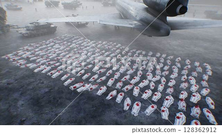 Anti war concept. Corpses covered with sheets. Military base. 3d rendering. Anti war concept. Corpses covered with sheets. Military base. 3d rendering. 128362912