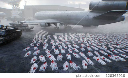 Anti war concept. Corpses covered with sheets. Military base. 3d rendering. Anti war concept. Corpses covered with sheets. Military base. 3d rendering. 128362918
