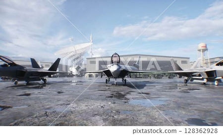 Military american base. American fighter jet. 3d rendering. Military american base. American fighter jet. 3d rendering. 128362928