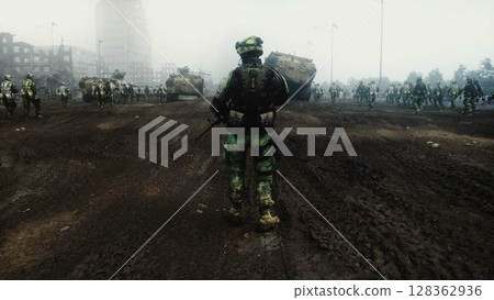 Soldier with gun in in a ruined city. 3d rendering. Soldier with gun in in a ruined city. 3d rendering. 128362936