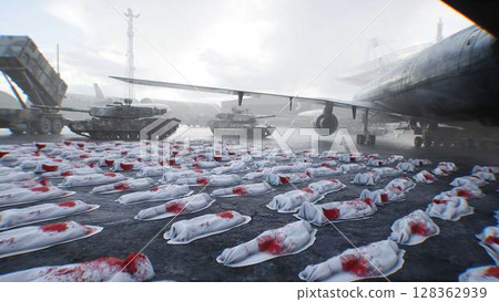 Anti war concept. Corpses covered with sheets. Military base. 3d rendering. Anti war concept. Corpses covered with sheets. Military base. 3d rendering. 128362939