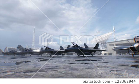 Military american base. American fighter jet. 3d rendering. Military american base. American fighter jet. 3d rendering. 128362944