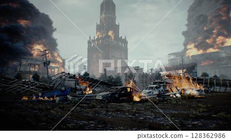 Russian apocalyptic. burning city Moscow. Armageddon. 3d rendering. Russian apocalyptic. burning city Moscow. Armageddon. 3d rendering. 128362986