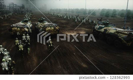 armored infantry vehicles with soldiers in in a ruined city. 3d rendering. armored infantry vehicles with soldiers in in a ruined city. 3d rendering. 128362993