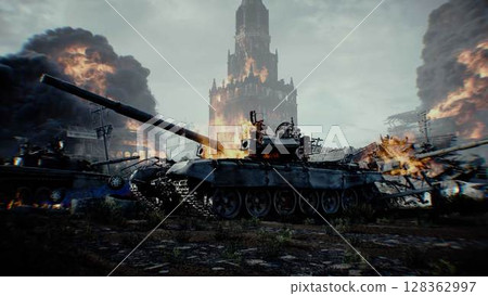 Russian burning battle tank. apocalyptic. burning city Moscow. Armageddon. 3d rendering. Russian burning battle tank. apocalyptic. burning city Moscow. Armageddon. 3d rendering. 128362997
