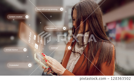 Woman using smartphone to access AI assistant for various tasks in city environment during the day Woman using smartphone to access AI assistant for various tasks in city environment during the day 128363502