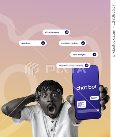 Person surprised by chatbot interface while exploring AI capabilities for content creation and programming assistance Person surprised by chatbot interface while exploring AI capabilities for content creation and programming assistance 128363517