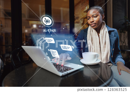 Woman engaging with AI chat technology in a cozy cafe setting while sipping coffee during the day Woman engaging with AI chat technology in a cozy cafe setting while sipping coffee during the day 128363525