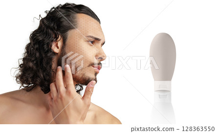 Grooming routine with a focus on skincare and hair care for men in a modern setting 128363550