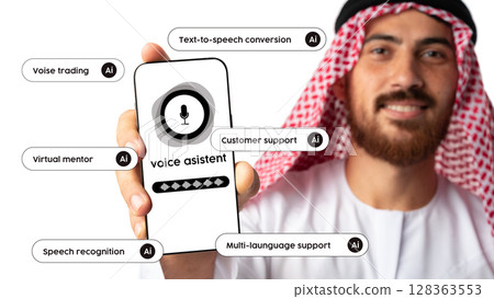Smart voice assistant features demonstrated by man in traditional attire Smart voice assistant features demonstrated by man in traditional attire 128363553