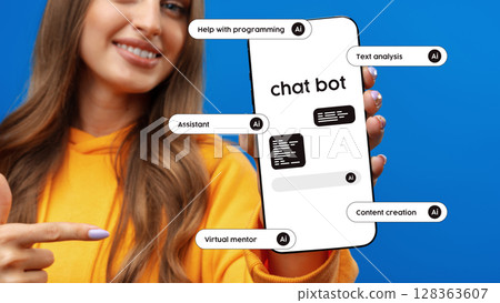 Exploring the features of an AI chatbot through a smartphone demonstration in a vibrant setting Exploring the features of an AI chatbot through a smartphone demonstration in a vibrant setting 128363607