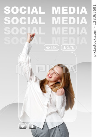 Celebrating success on social media with joyful expression and audience engagement in modern digital environment 128363691