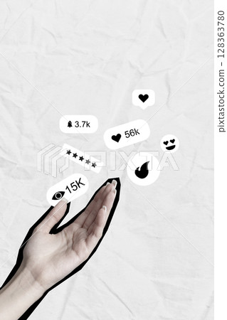 Engaging social media interactions and notifications illustrated with hand and icons against a textured background 128363780