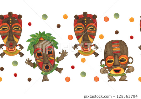 Seamless border with African masks on the background of colorful confetti. Watercolor illustration hand drawn, cartoon. Drawing for textiles, paper, cards, stickers. Mask, face, Africa, holiday Seamless border with African masks on the background of colorful confetti. Watercolor illustration hand drawn, cartoon. Drawing for textiles, paper, cards, stickers. Mask, face, Africa, holiday 128363794
