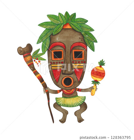 African shaman with a staff and in a mask. Watercolor illustration hand drawn, cartoon. Drawing for textiles, paper, cards, stickers. face, holiday, carnival, travel, national, costume, aborigine African shaman with a staff and in a mask. Watercolor illustration hand drawn, cartoon. Drawing for textiles, paper, cards, stickers. face, holiday, carnival, travel, national, costume, aborigine 128363795